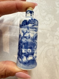 Three Chinese blue and white snuff bottles with landscapes and 'Buddhist Lions', Yongzheng marks, 19th C.