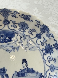 A Chinese blue and white 'Elegant Ladies Making Music' plate, Chenghua mark, Kangxi