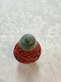 Nine Chinese cinnabar lacquer snuff bottles and a covered box, Qianlong marks, 19/20th C.