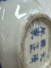 Five various Chinese blue and white snuff bottles, Yongzheng, Qianlong and Tongzhi marks, 19th C.
