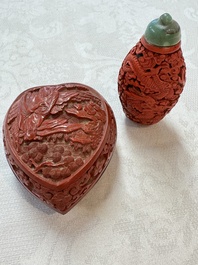 Nine Chinese cinnabar lacquer snuff bottles and a covered box, Qianlong marks, 19/20th C.