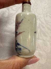 Five Chinese copper-red, blue and white, and polychrome snuff bottles, Yongzheng and Daoguang marks, 19/20th C.