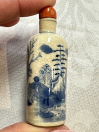 Three Chinese blue and white snuff bottles with landscapes and 'Buddhist Lions', Yongzheng marks, 19th C.