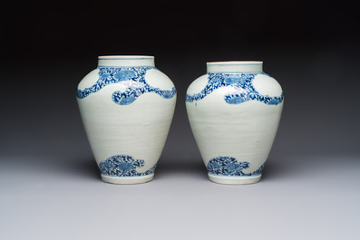 A pair of unusual Japanese Arita blue and white 'Unfinished' vases, Edo, 17/18th C.