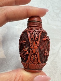 Nine Chinese cinnabar lacquer snuff bottles and a covered box, Qianlong marks, 19/20th C.