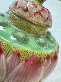 A Chinese famille rose 'Lotus Bud' tea caddy and cover, Qianlong mark, 19th C.