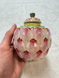 A Chinese famille rose 'Lotus Bud' tea caddy and cover, Qianlong mark, 19th C.