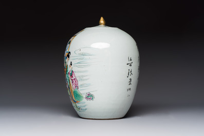 A Chinese famille rose vase with figural design and a covered jar, 19/20th C.