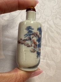 Five Chinese copper-red, blue and white, and polychrome snuff bottles, Yongzheng and Daoguang marks, 19/20th C.