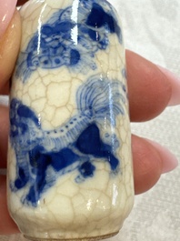 Three Chinese blue and white snuff bottles with landscapes and 'Buddhist Lions', Yongzheng marks, 19th C.