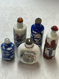 Five Chinese copper-red, blue and white, and polychrome snuff bottles, Yongzheng and Daoguang marks, 19/20th C.
