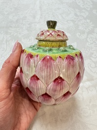 A Chinese famille rose 'Lotus Bud' tea caddy and cover, Qianlong mark, 19th C.
