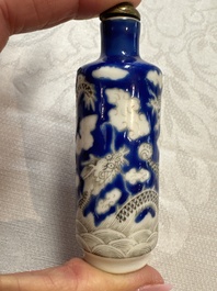 Five Chinese copper-red, blue and white, and polychrome snuff bottles, Yongzheng and Daoguang marks, 19/20th C.