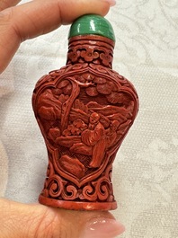Nine Chinese cinnabar lacquer snuff bottles and a covered box, Qianlong marks, 19/20th C.