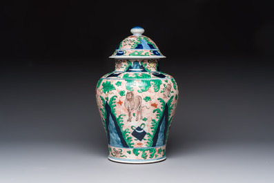 A French wucai-style 'Flying Horses' vase and cover, Samson, Paris, 19th C.