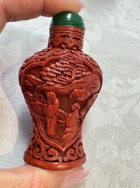 Nine Chinese cinnabar lacquer snuff bottles and a covered box, Qianlong marks, 19/20th C.