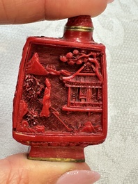 Nine Chinese cinnabar lacquer snuff bottles and a covered box, Qianlong marks, 19/20th C.
