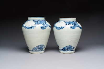 A pair of unusual Japanese Arita blue and white 'Unfinished' vases, Edo, 17/18th C.