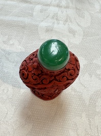 Nine Chinese cinnabar lacquer snuff bottles and a covered box, Qianlong marks, 19/20th C.