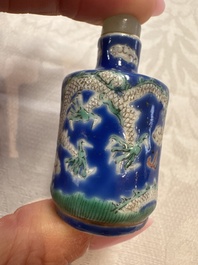 Five Chinese copper-red, blue and white, and polychrome snuff bottles, Yongzheng and Daoguang marks, 19/20th C.