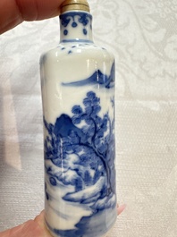 Three Chinese blue and white snuff bottles with landscapes and 'Buddhist Lions', Yongzheng marks, 19th C.