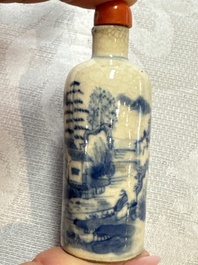 Three Chinese blue and white snuff bottles with landscapes and 'Buddhist Lions', Yongzheng marks, 19th C.
