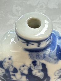 A Chinese iron-red 'Dragon' covered box, a blue and white '100 Boys' and a famille verte 'Fish' snuff bottle, Shunzhi mark, 19th C.