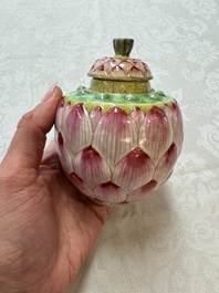 A Chinese famille rose 'Lotus Bud' tea caddy and cover, Qianlong mark, 19th C.