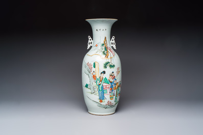 A Chinese famille rose vase with figural design and a covered jar, 19/20th C.