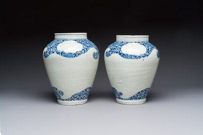 A pair of unusual Japanese Arita blue and white 'Unfinished' vases, Edo, 17/18th C.