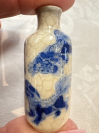 Three Chinese blue and white snuff bottles with landscapes and 'Buddhist Lions', Yongzheng marks, 19th C.