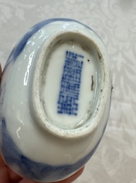 Five various Chinese blue and white snuff bottles, Yongzheng, Qianlong and Tongzhi marks, 19th C.