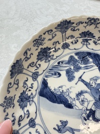 A pair of Chinese blue and white 'Hunting' plates, Chenghua marks, Kangxi