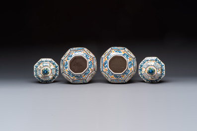 A pair of polychrome Dutch Delft chinoiserie vases, Tichelaar, Makkum, Friesland, 19/20th C.