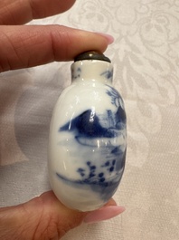 Five Chinese copper-red, blue and white, and polychrome snuff bottles, Yongzheng and Daoguang marks, 19/20th C.