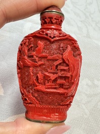Nine Chinese cinnabar lacquer snuff bottles and a covered box, Qianlong marks, 19/20th C.
