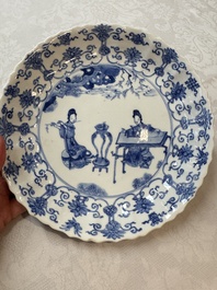 A Chinese blue and white 'Elegant Ladies Making Music' plate, Chenghua mark, Kangxi