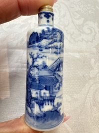 Three Chinese blue and white snuff bottles with landscapes and 'Buddhist Lions', Yongzheng marks, 19th C.