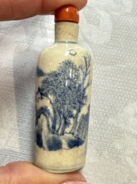 Three Chinese blue and white snuff bottles with landscapes and 'Buddhist Lions', Yongzheng marks, 19th C.
