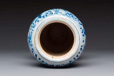 A blue and white Italian maiolica albarello with foliage design, Rome, early 17th C.