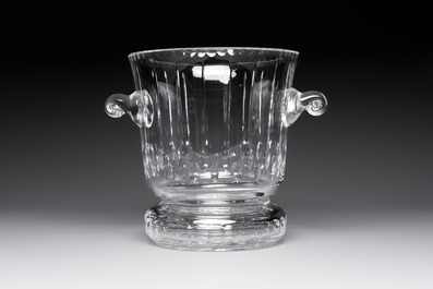 A French crystal wine cooler, six champagne flutes, six wine glasses and six water glasses, in original Arnauld de Brissac boxes, 1970s