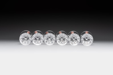 A French crystal wine cooler, six champagne flutes, six wine glasses and six water glasses, in original Arnauld de Brissac boxes, 1970s