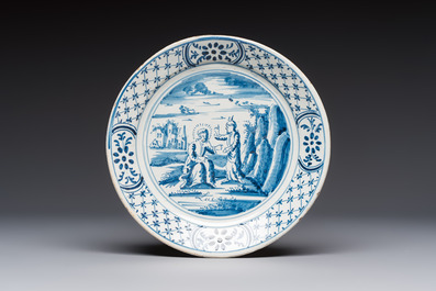 Six blue and white Dutch Delft 'Biblical Subject' plates, probably Friesland, Makkum, 18th C.