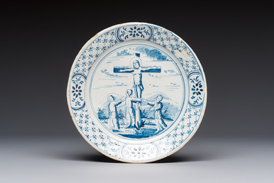 Six blue and white Dutch Delft 'Biblical Subject' plates, probably Friesland, Makkum, 18th C.