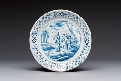 Six blue and white Dutch Delft 'Biblical Subject' plates, probably Friesland, Makkum, 18th C.