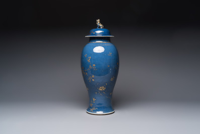 A Chinese gilt-decorated powder-blue-ground 'Phoenix among Blossoming Branches' vase, Qianlong