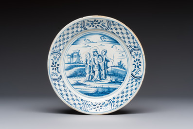 Six blue and white Dutch Delft 'Biblical Subject' plates, probably Friesland, Makkum, 18th C.
