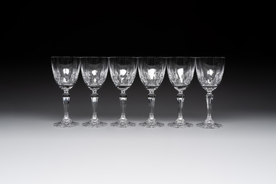 A French crystal wine cooler, six champagne flutes, six wine glasses and six water glasses, in original Arnauld de Brissac boxes, 1970s