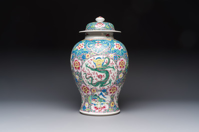 A Chinese famille rose 'Dragons' baluster vase and cover, Yongzheng/Qianlong
