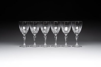 A French crystal wine cooler, six champagne flutes, six wine glasses and six water glasses, in original Arnauld de Brissac boxes, 1970s
